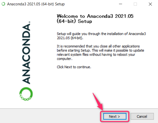 Anacondaのインストールセットアップ画面