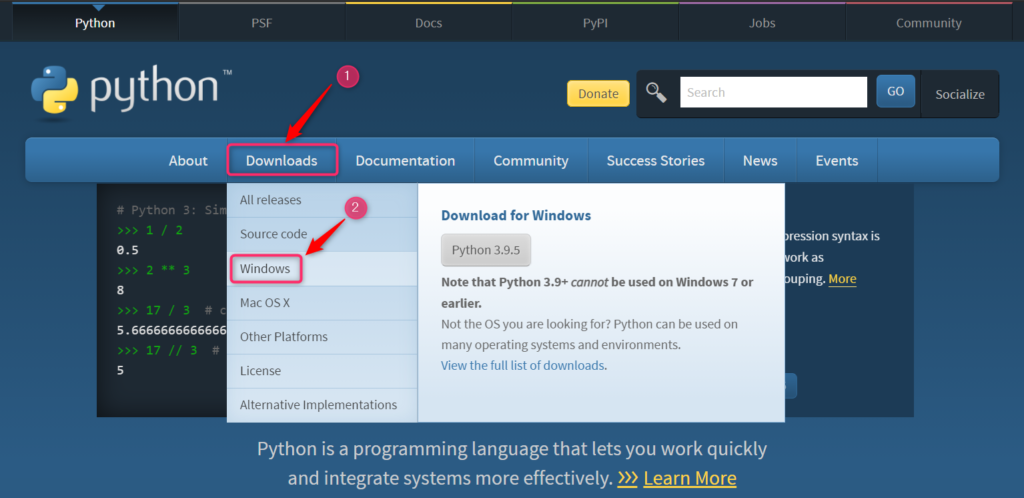 Pythonの公式サイト画面